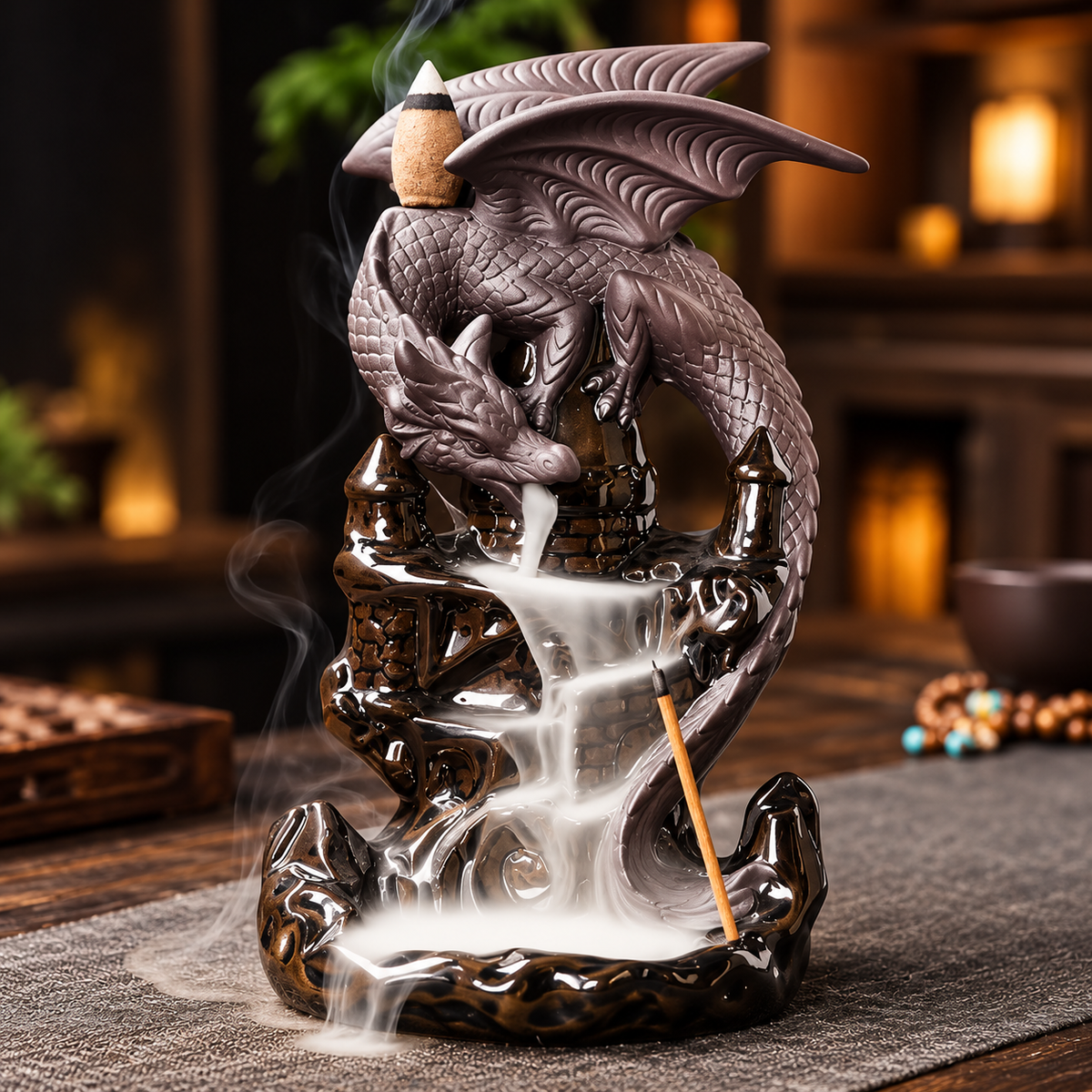 Dark dragon tower backflow incense burner, view 1