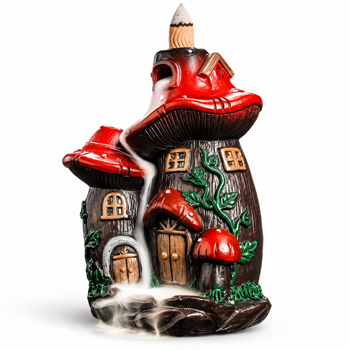 Red mushroom house backflow incense burner on a white background