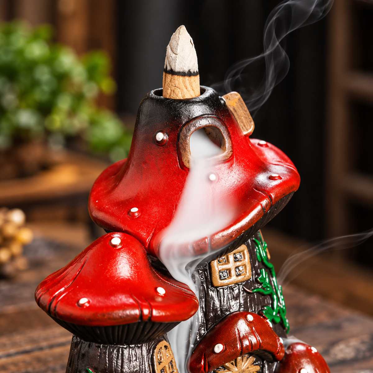 Red mushroom house backflow incense burner, view 4