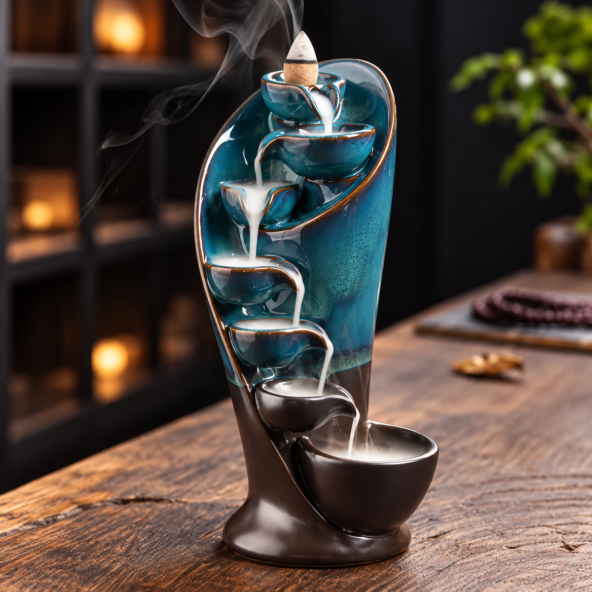 Teal glaze waterfall backflow incense burner, view 1