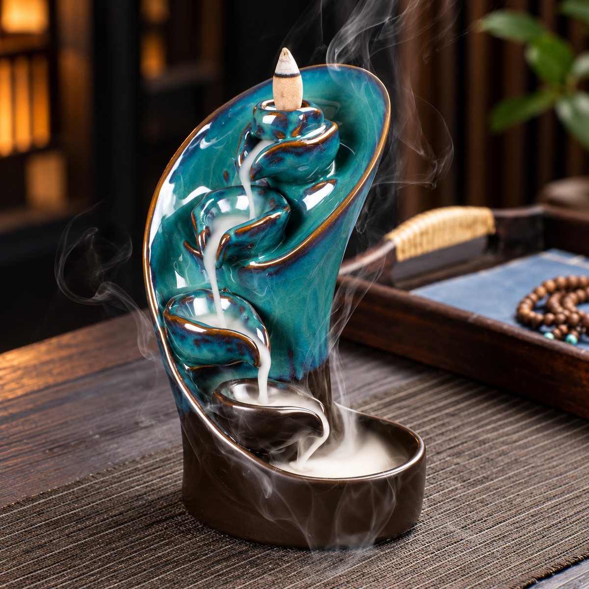 Teal glaze waterfall backflow incense burner, view 2