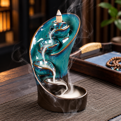 Teal glaze waterfall backflow incense burner, view 2