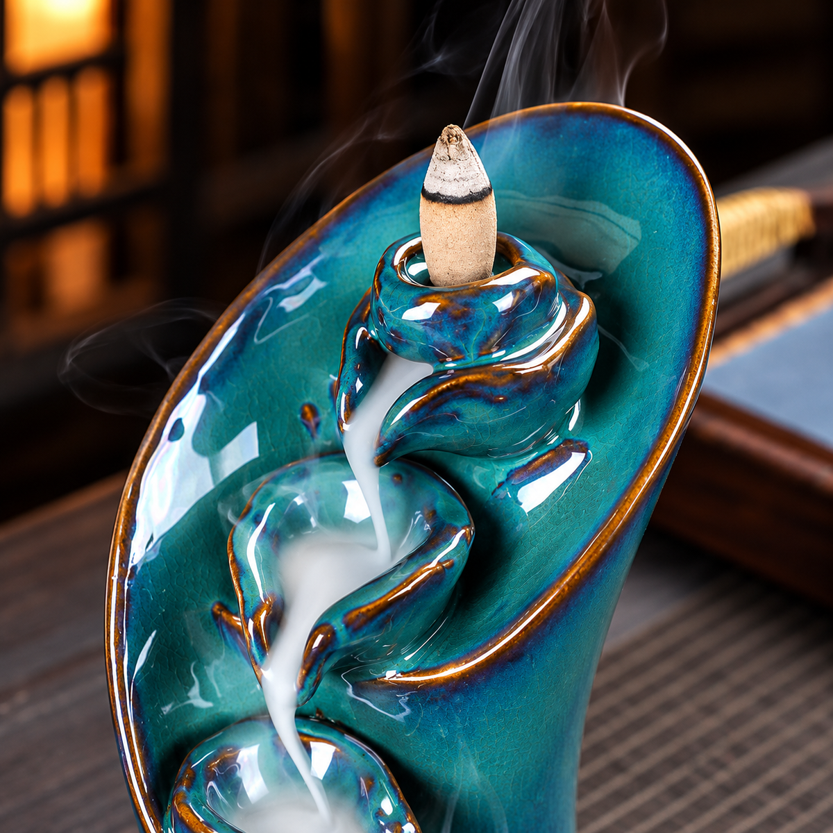 Teal glaze waterfall backflow incense burner, view 3