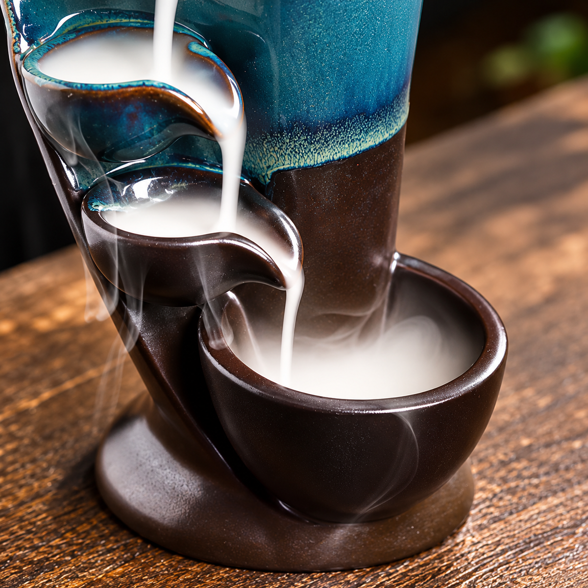 Teal glaze waterfall backflow incense burner, view 4