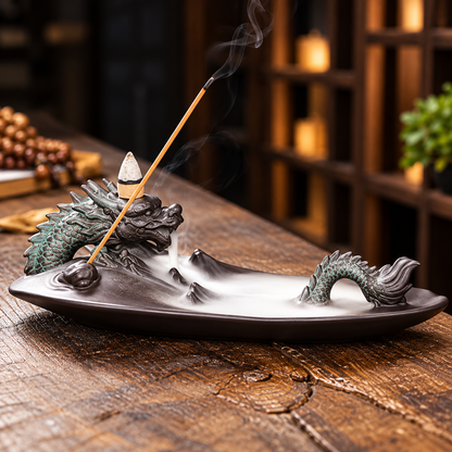 Dragon long tray backflow incense burner, view 1