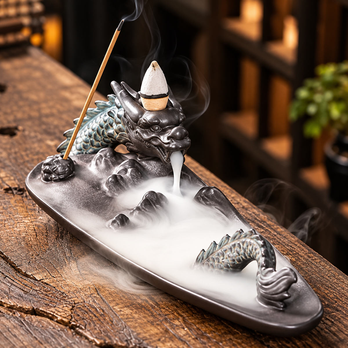 Dragon long tray backflow incense burner, view 2