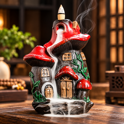 Red mushroom house backflow incense burner, view 2