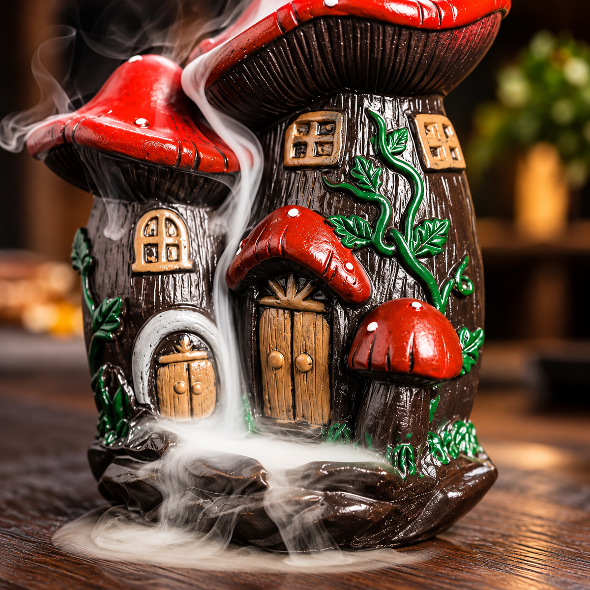 Red mushroom house backflow incense burner, view 3